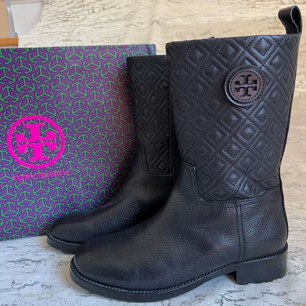 Tory Burch Black Quilted Leather Mid-Calf Boots